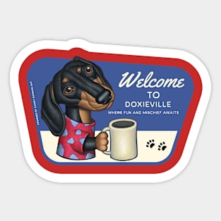 Cute Doxie with coffee in his pajamas. Sticker